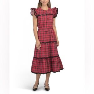 NWT Sail to Sable Flutter Sleeve Dress | Large | Red Tartan Print